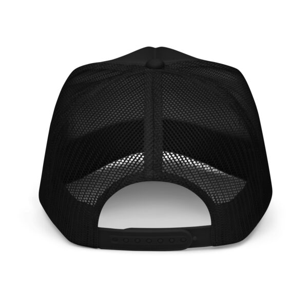 A black hat with a mesh back and a white logo.