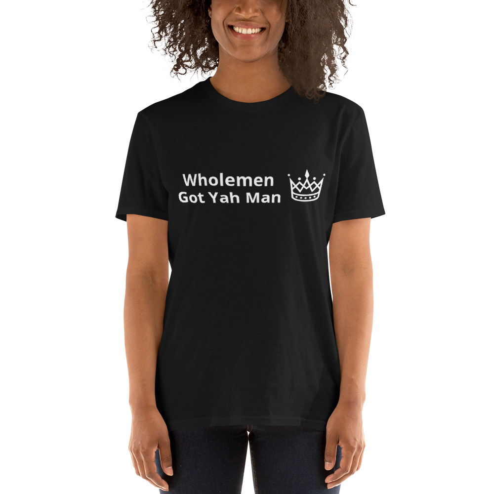 A woman wearing a t-shirt that says " wholemen got yah mor ".