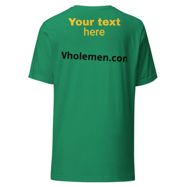 A green shirt with the back of it and the front has text on it.